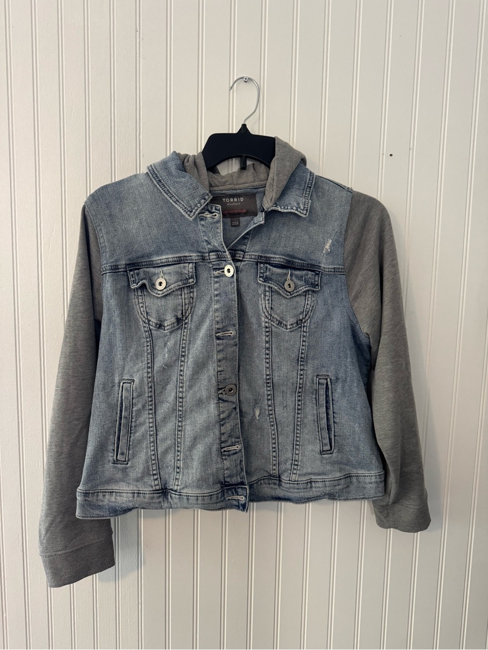 torrid Blue Denim Jacket with Gray Hoodie Sleeves